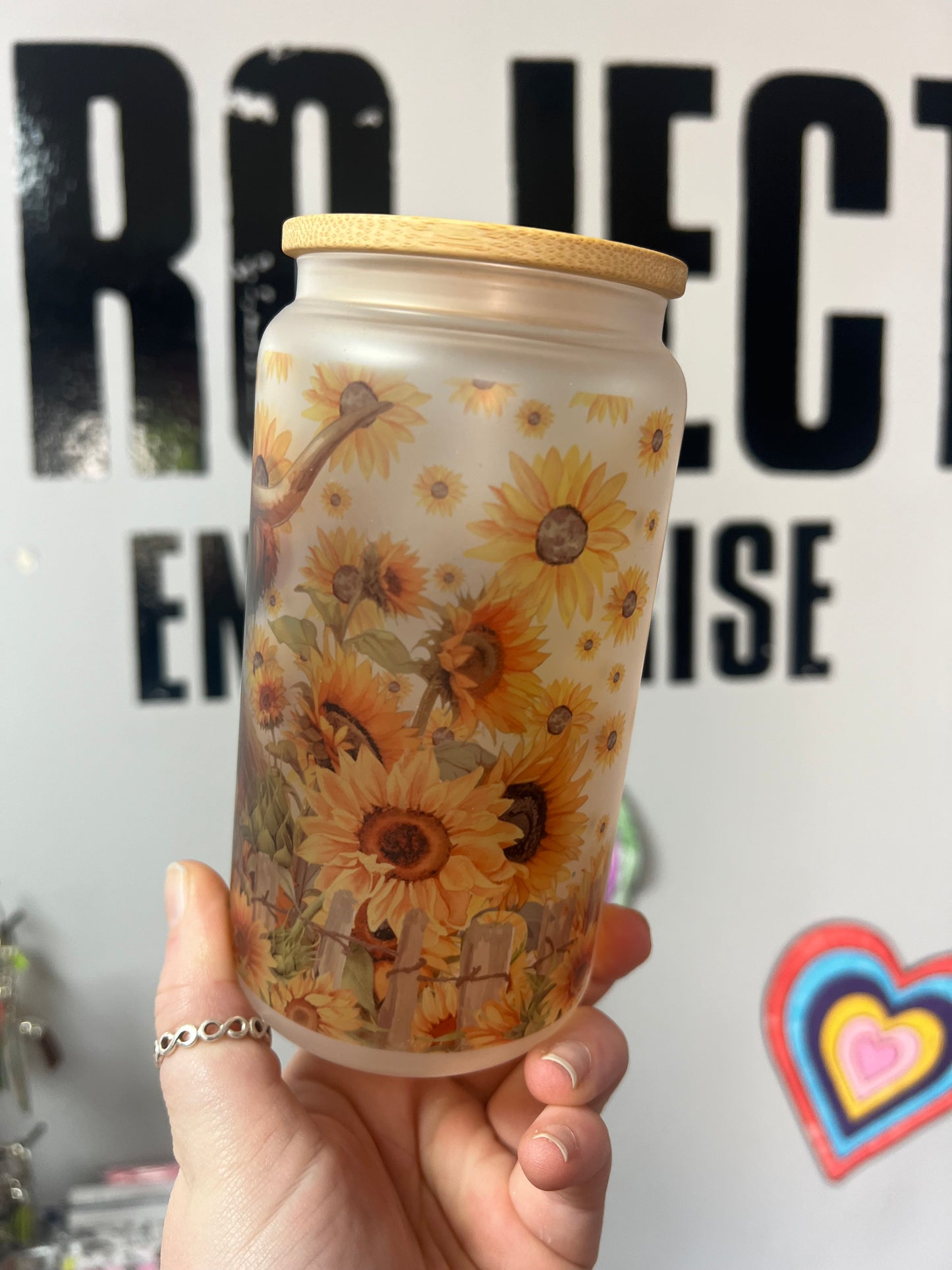 Sunflower & Highland Cow Glass Can