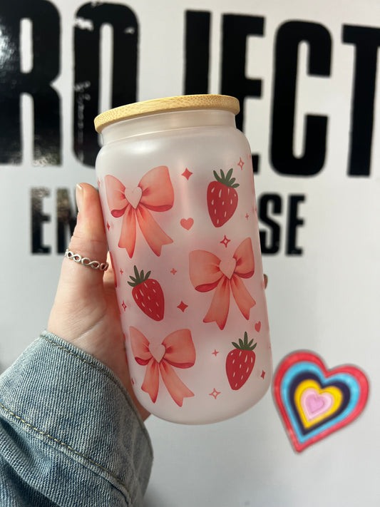 Strawberry and Pink Bow Glass can
