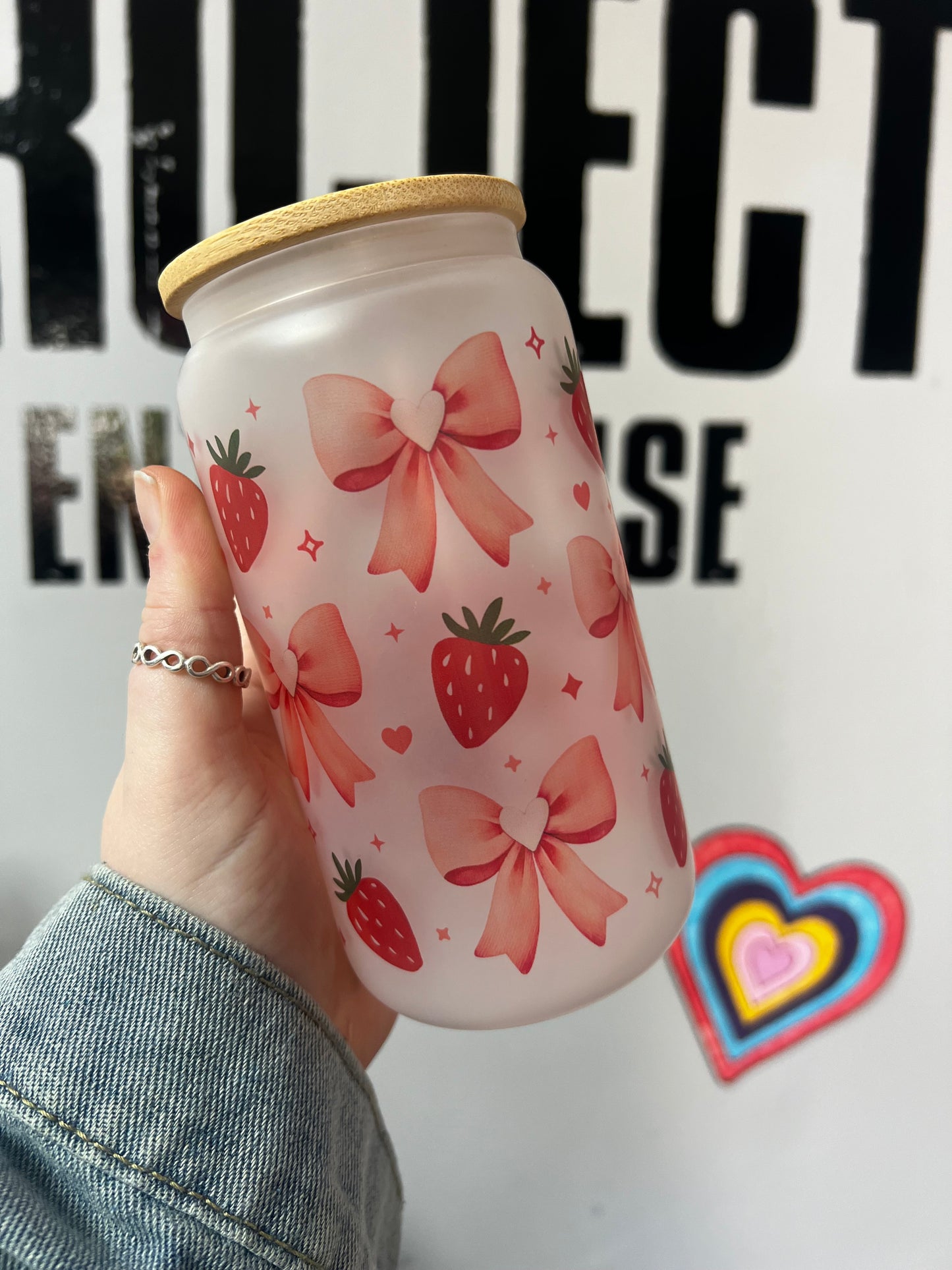 Strawberry and Pink Bow Glass can