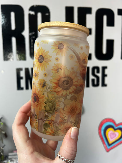 Sunflower & Highland Cow Glass Can