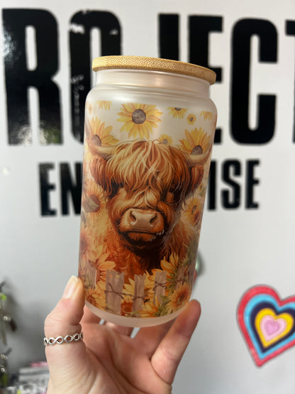 Sunflower & Highland Cow Glass Can