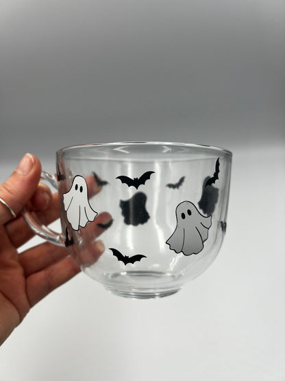 Cute Ghost and Bats Glass Halloween Mug