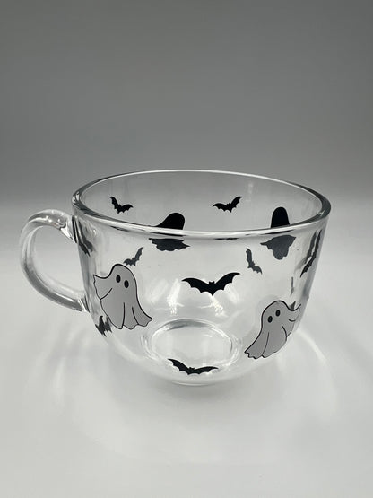 Cute Ghost and Bats Glass Halloween Mug