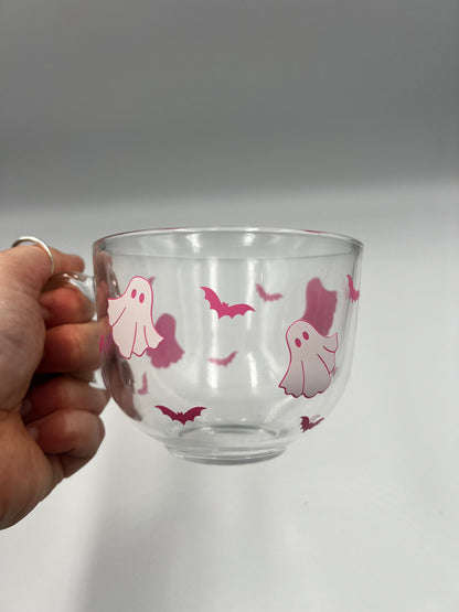 Cute Ghost and Bats Glass Halloween Mug