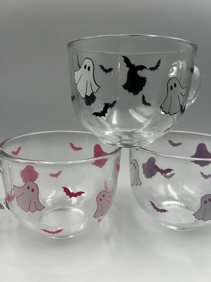 Cute Ghost and Bats Glass Halloween Mug