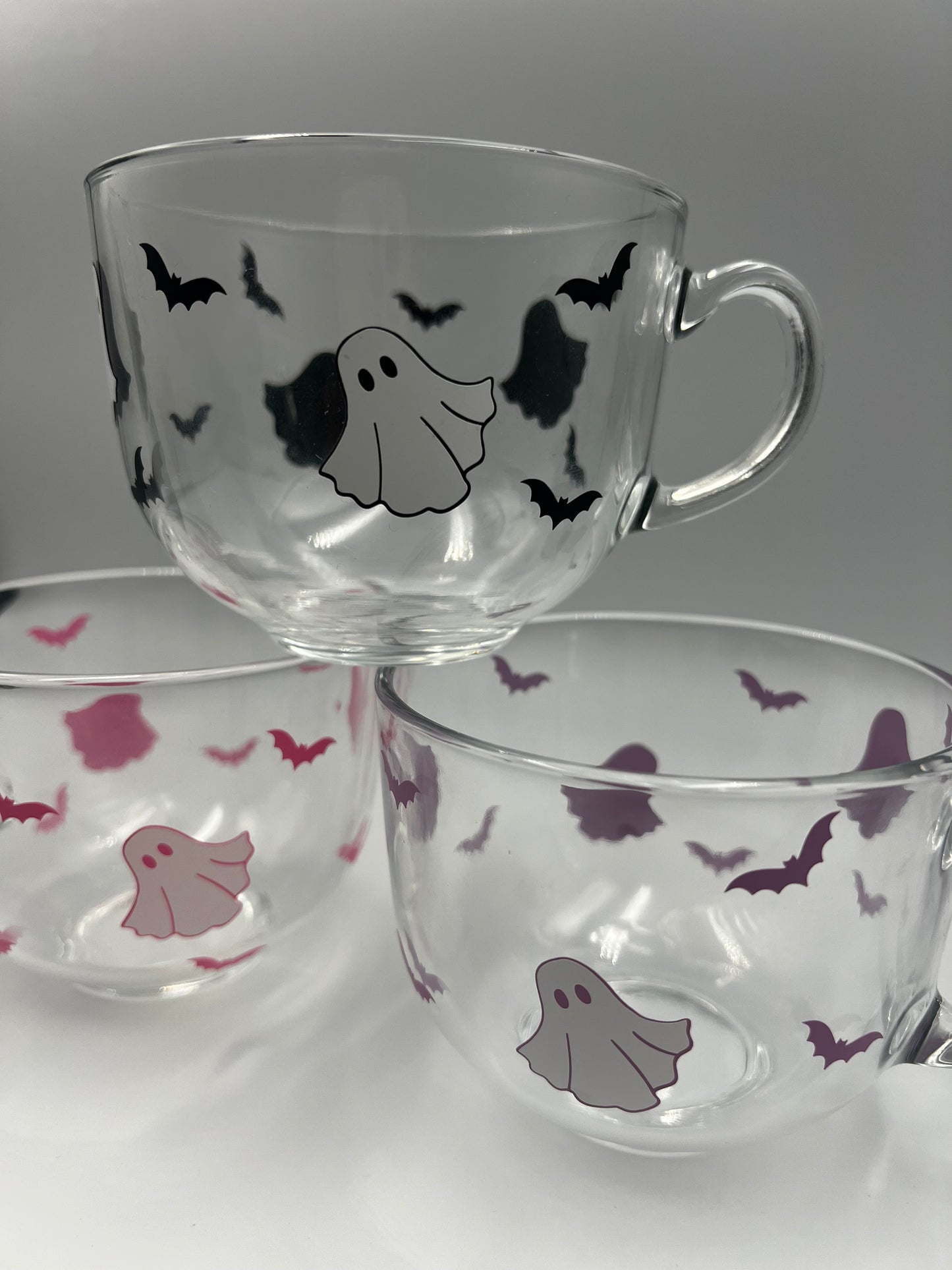 Cute Ghost and Bats Glass Halloween Mug