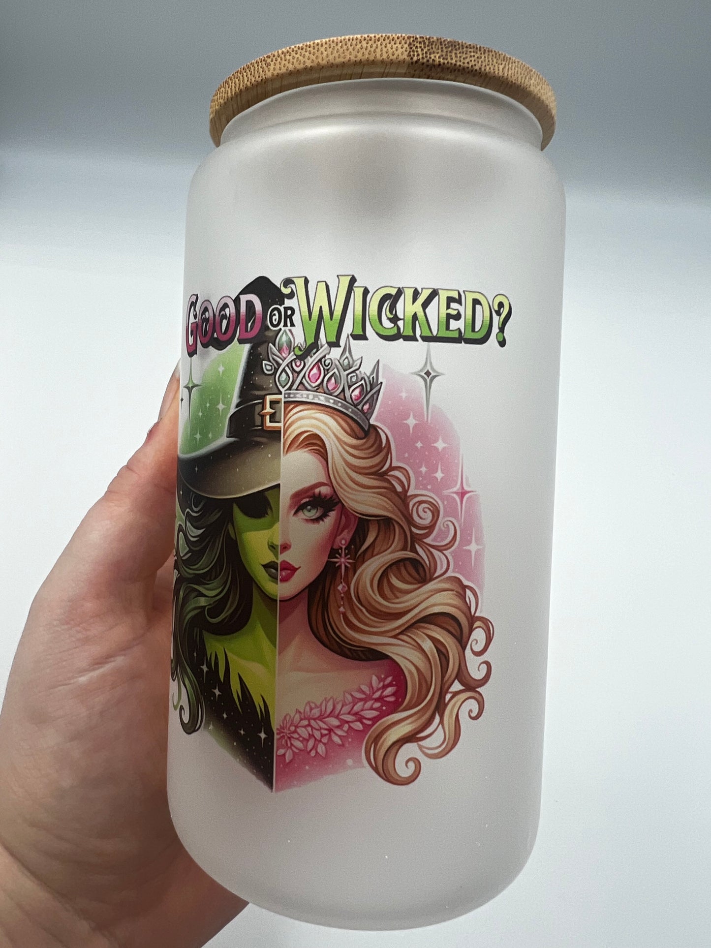 Wicked Inspired, Good or Bad Glass can with Bamboo lid