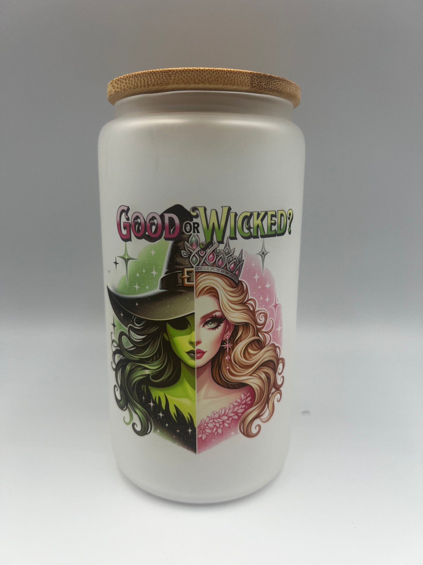 Wicked Inspired, Good or Bad Glass can with Bamboo lid