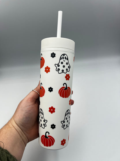 Retro Halloween Ghosty and Flowers, Skinny Matte tumbler