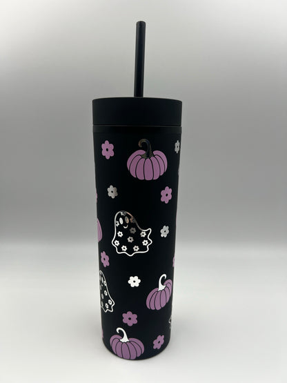 Retro Halloween Ghosty and Flowers, Skinny Matte tumbler