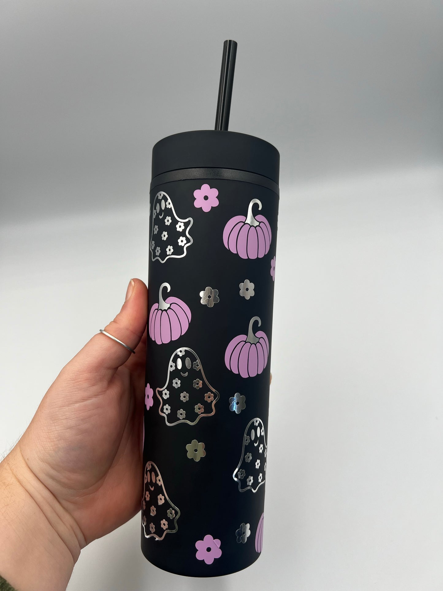 Retro Halloween Ghosty and Flowers, Skinny Matte tumbler