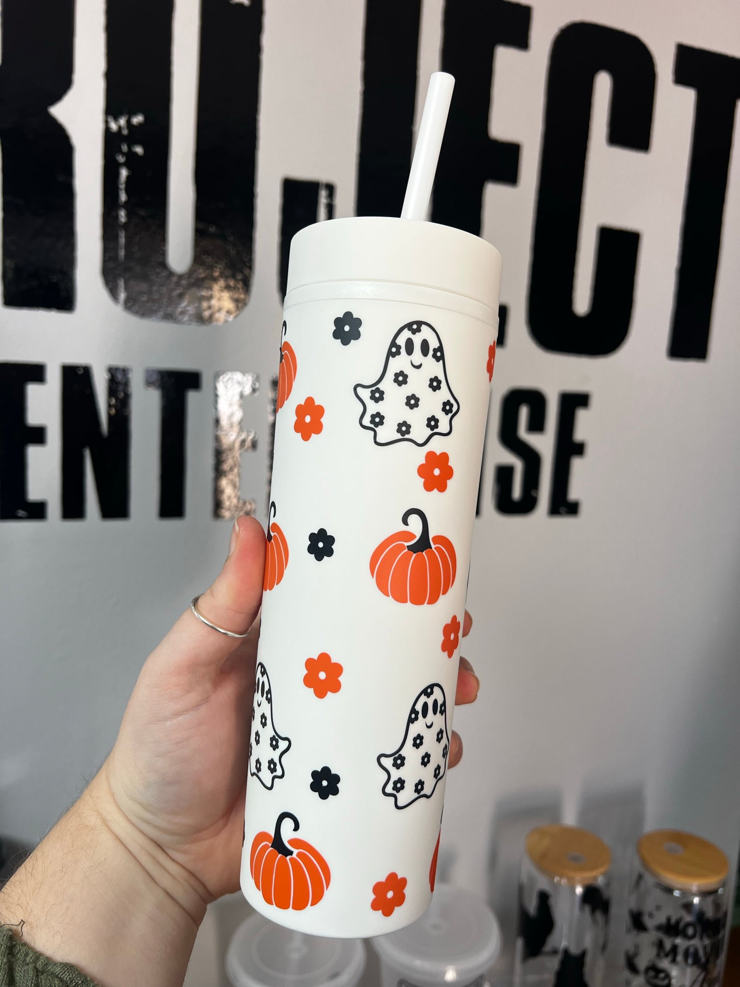 Retro Halloween Ghosty and Flowers, Skinny Matte tumbler