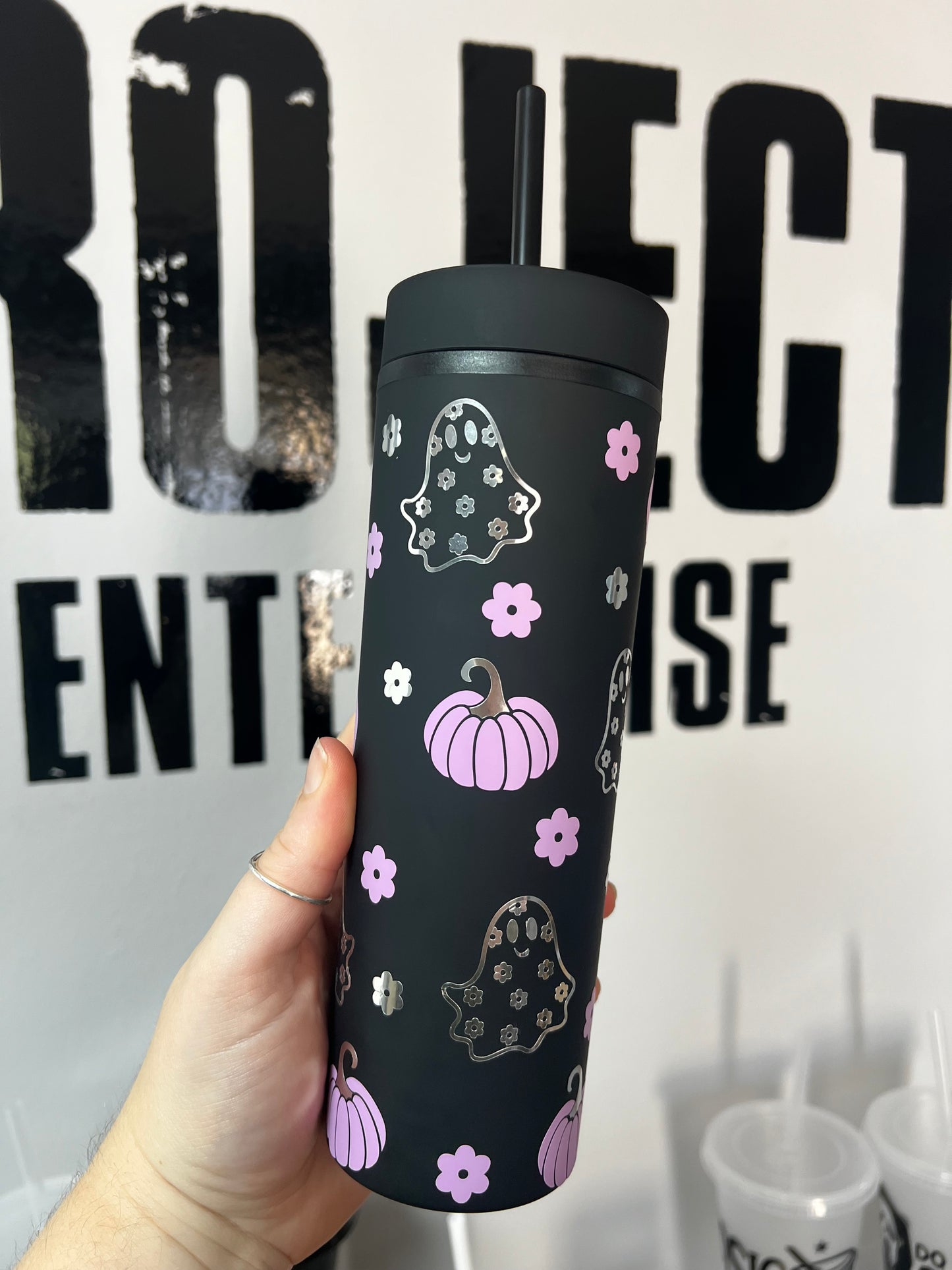 Retro Halloween Ghosty and Flowers, Skinny Matte tumbler